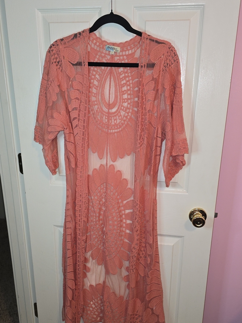 Rebellion Coral Crochet Maxi Kimono Cover-Up